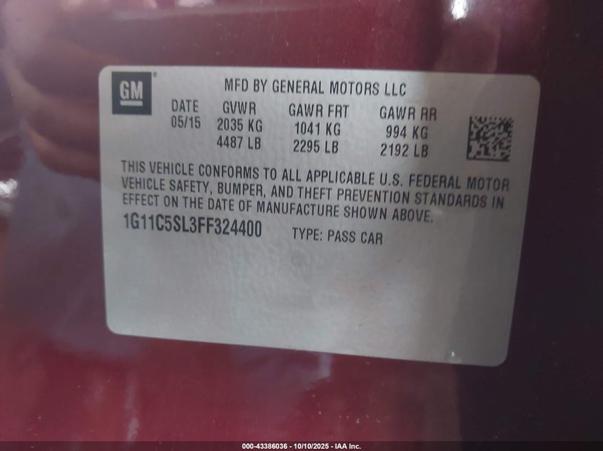2015 Chevrolet Malibu 1Lt VIN: 1G11C5SL3FF324400 Lot: 43386036