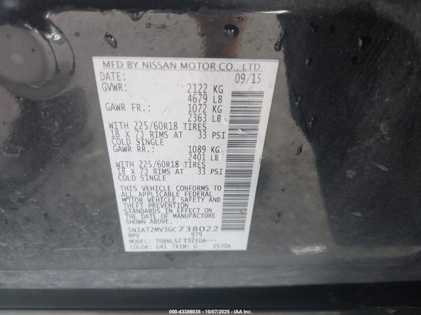 2016 Nissan Rogue Sl VIN: 5N1AT2MV3GC738022 Lot: 43386038