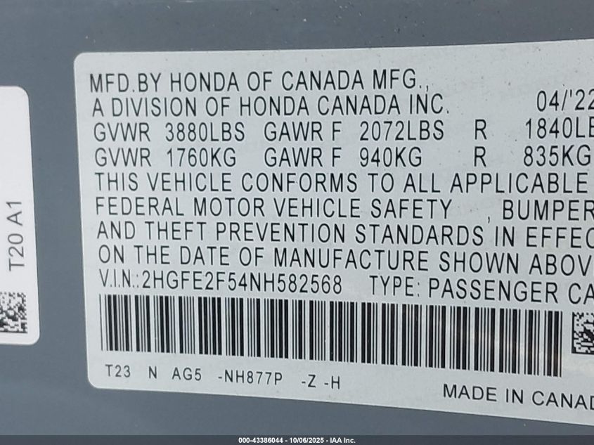 2022 Honda Civic Sport VIN: 2HGFE2F54NH582568 Lot: 43386044