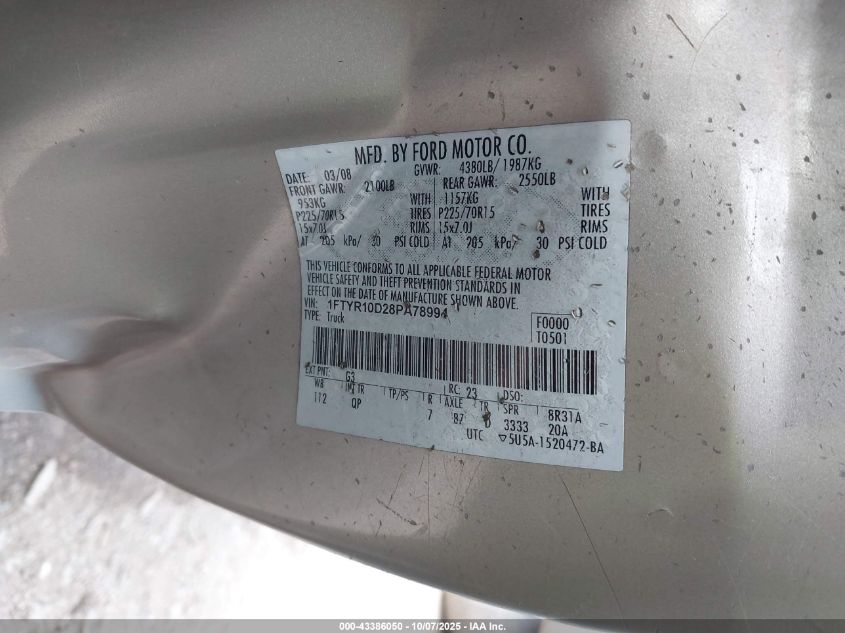 2008 Ford Ranger Xl/Xlt VIN: 1FTYR10D28PA78994 Lot: 43386050