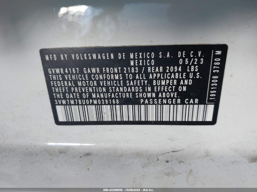 2023 Volkswagen Jetta 1.5T Se VIN: 3VW7M7BU0PM039168 Lot: 43386058