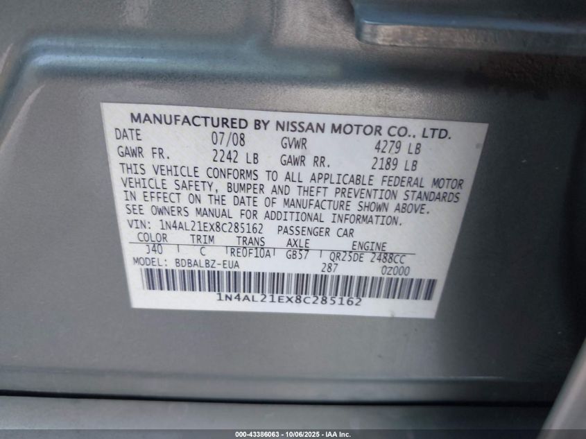 2008 Nissan Altima 2.5 S VIN: 1N4AL21EX8C285162 Lot: 43386063