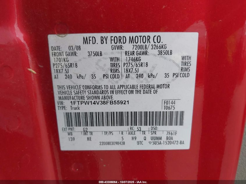 2008 Ford F-150 60Th Anniversary/Fx4/King Ranch/Lariat/Xlt VIN: 1FTPW14V38FB55921 Lot: 43386064