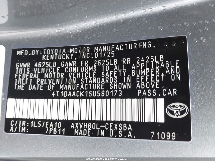 2025 Toyota Camry Se VIN: 4T1DAACK1SU580173 Lot: 43386072