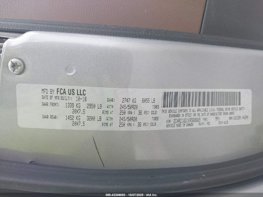 2019 Chrysler Pacifica Limited VIN: 2C4RC1GG1KR569665 Lot: 43386080