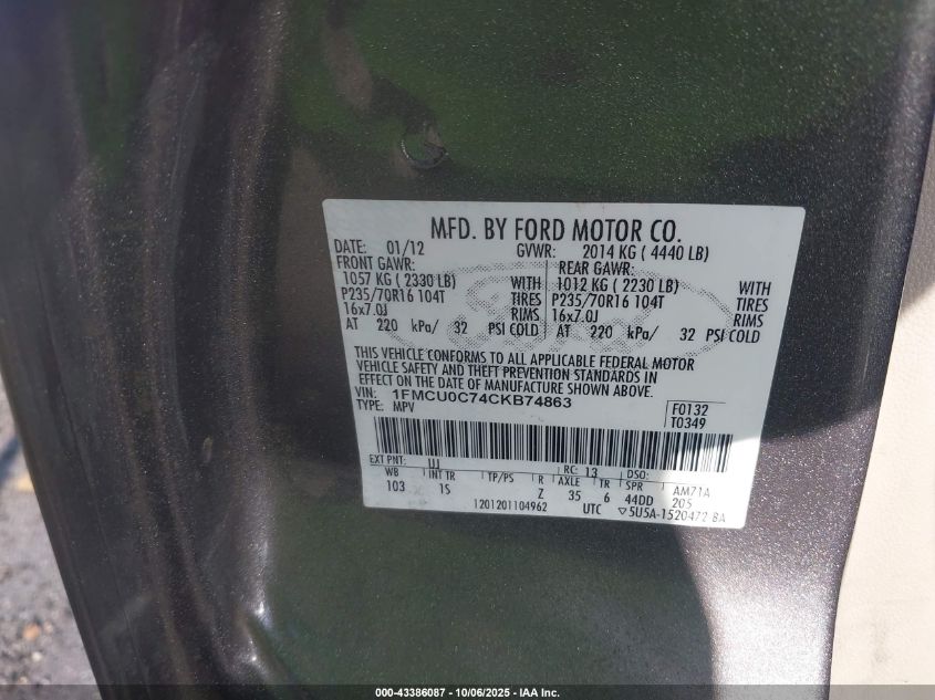 2012 Ford Escape Xls VIN: 1FMCU0C74CKB74863 Lot: 43386087