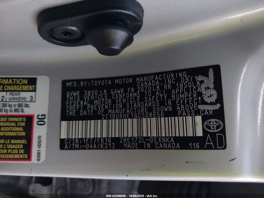 2016 Toyota Corolla Le VIN: 2T1BURHE1GC508656 Lot: 43386089