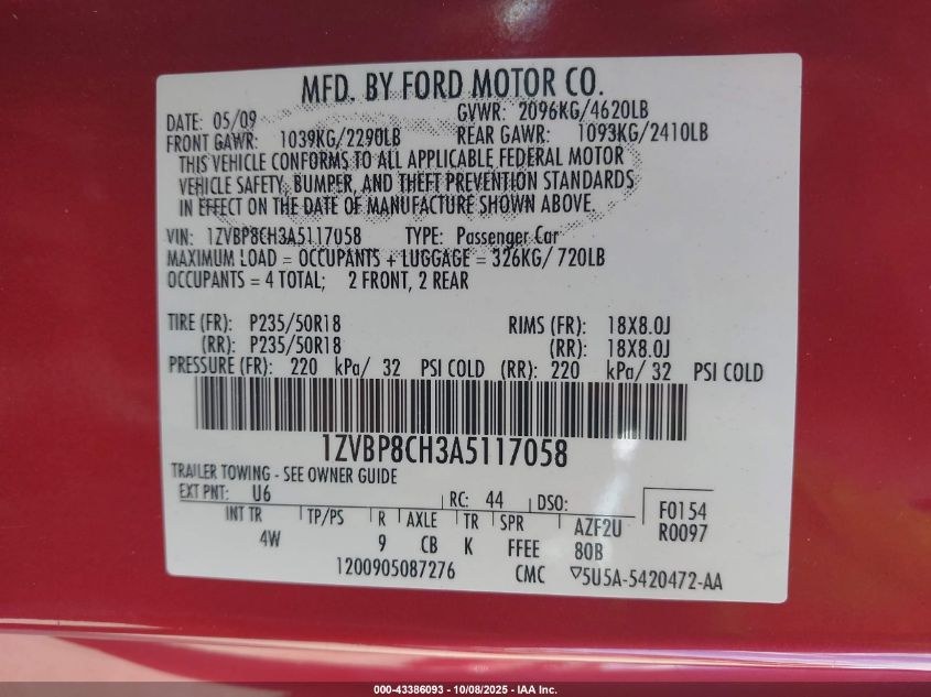 2010 Ford Mustang Gt/Gt Premium VIN: 1ZVBP8CH3A5117058 Lot: 43386093