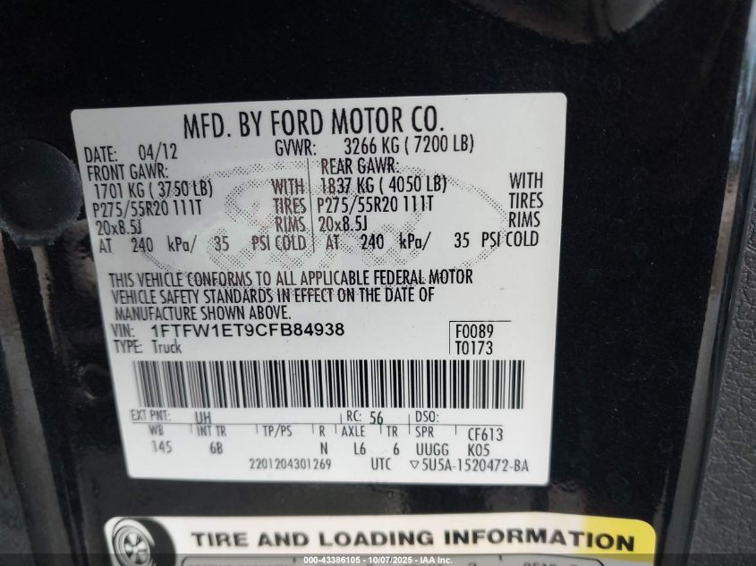 2012 Ford F-150 Fx4/King Ranch/Lariat/Platinum/Xl/Xlt VIN: 1FTFW1ET9CFB84938 Lot: 43386105