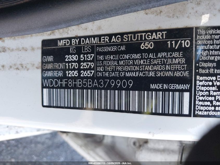 2011 Mercedes-Benz E 350 4Matic VIN: WDDHF8HB5BA379909 Lot: 43386113