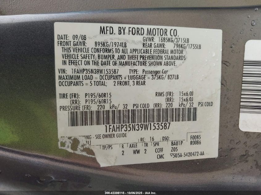 2009 Ford Focus Se VIN: 1FAHP35N39W153587 Lot: 43386115