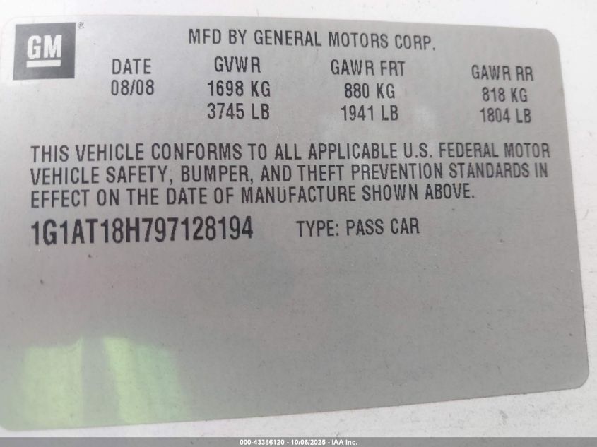 2009 Chevrolet Cobalt Lt VIN: 1G1AT18H797128194 Lot: 43386120