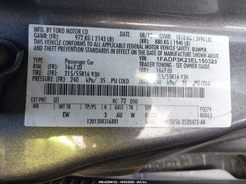 2014 Ford Focus Se VIN: 1FADP3K23EL150323 Lot: 43386123