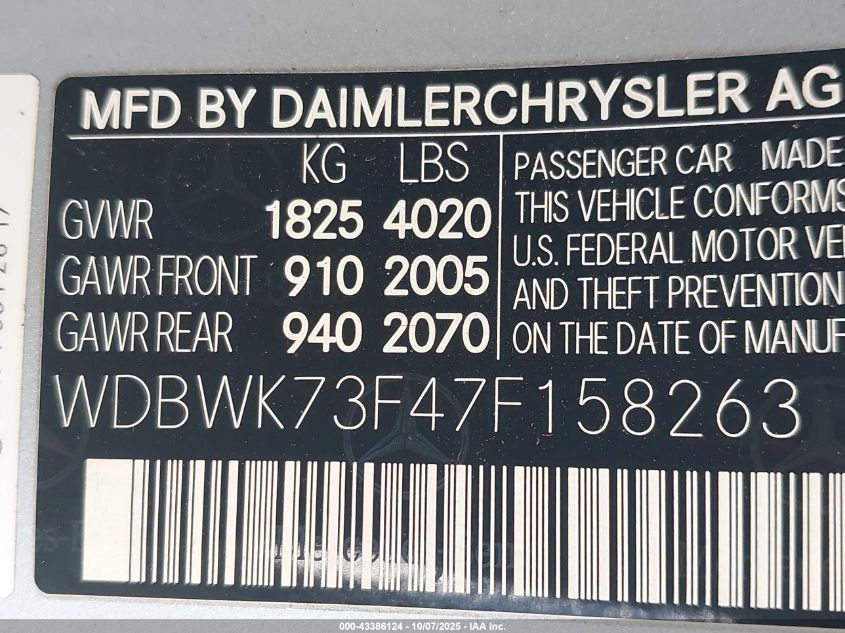 2007 Mercedes-Benz Slk 55 Amg VIN: WDBWK73F47F158263 Lot: 43386124