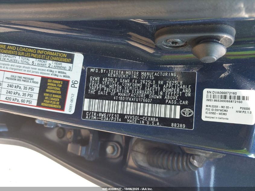 2015 Toyota Camry Hybrid Le VIN: 4T1BD1FK4FU176607 Lot: 43386127