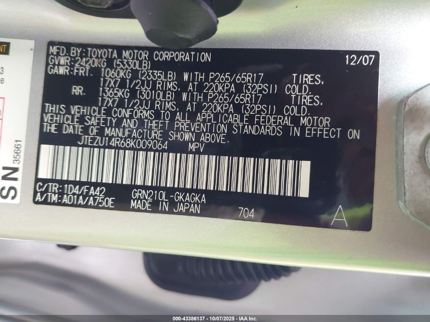 2008 Toyota 4Runner Sr5 V6 VIN: JTEZU14R68K009064 Lot: 43386137