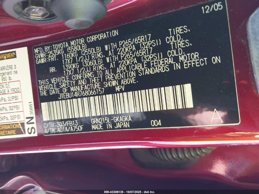 2006 Toyota 4Runner Sr5 Sport V6 VIN: JTEBU14R768066157 Lot: 43386138