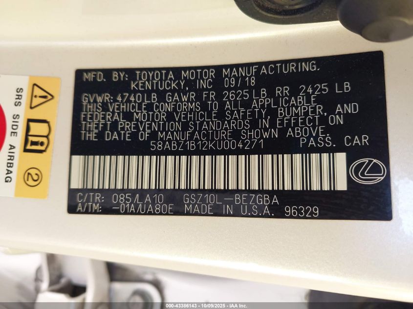 2019 Lexus Es 350 VIN: 58ABZ1B12KU004271 Lot: 43386143