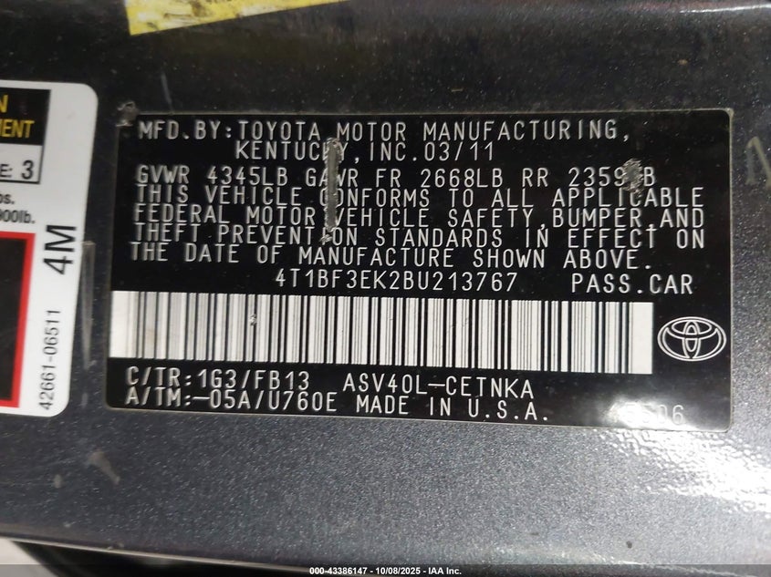 2011 Toyota Camry Le VIN: 4T1BF3EK2BU213767 Lot: 43386147