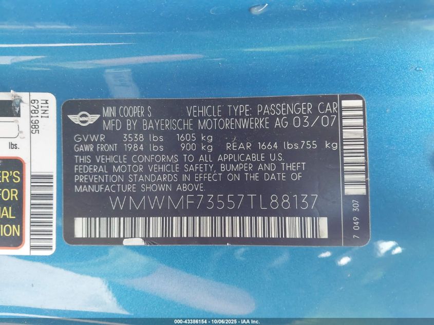 2007 Mini Cooper S VIN: WMWMF73557TL88137 Lot: 43386154