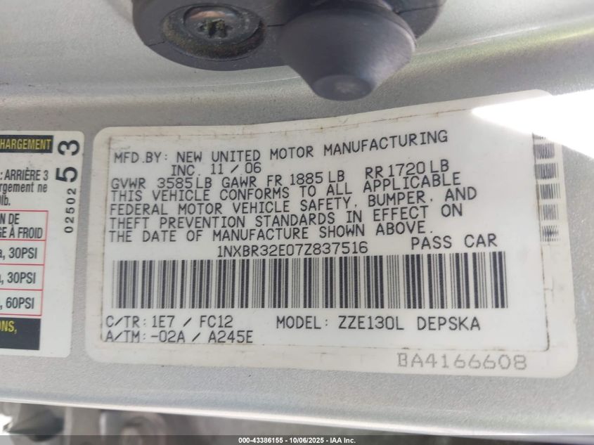 2007 Toyota Corolla S VIN: 1NXBR32E07Z837516 Lot: 43386155