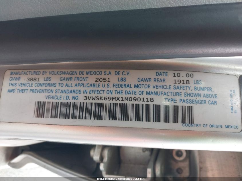 2001 Volkswagen Jetta Gls VIN: 3VWSK69MX1M090118 Lot: 43386158