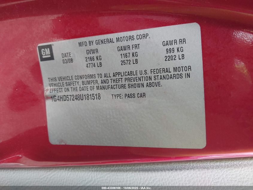 2008 Buick Lucerne Cxl VIN: 1G4HD57248U181518 Lot: 43386166