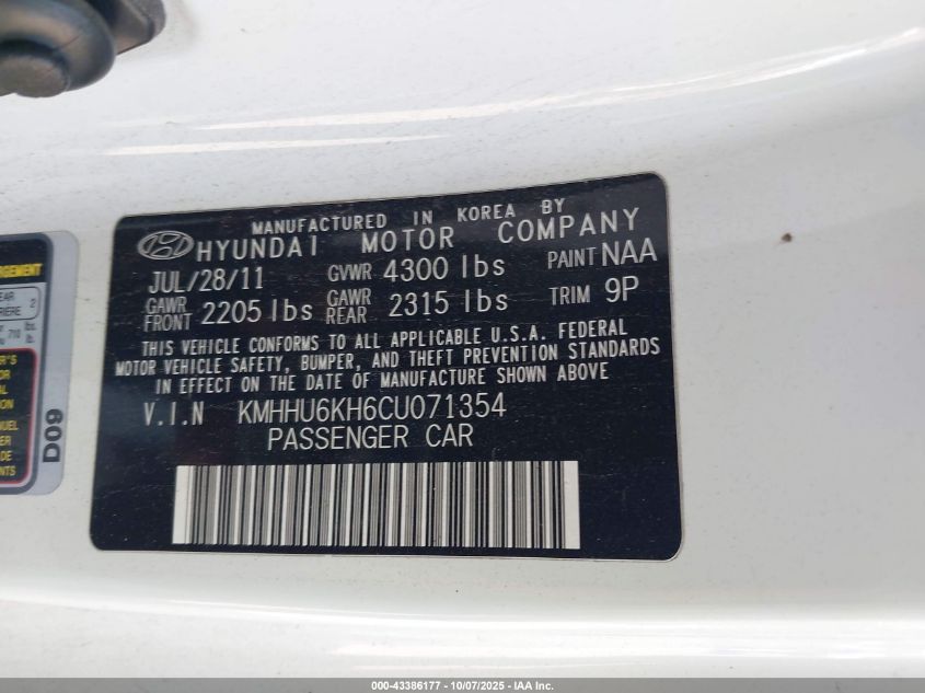 2012 Hyundai Genesis 3.8 R-Spec VIN: KMHHU6KH6CU071354 Lot: 43386177