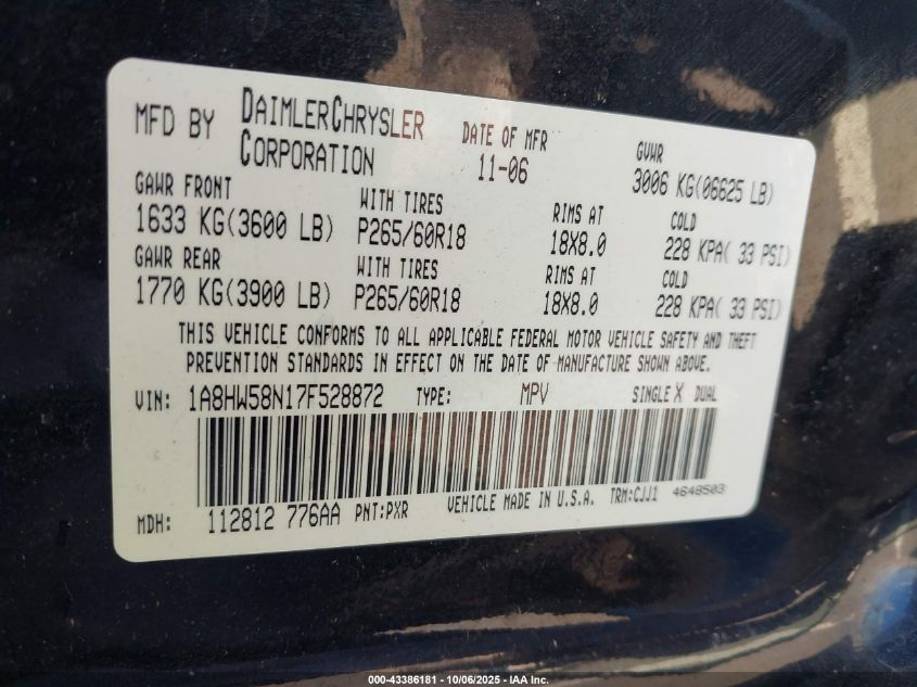 2007 Chrysler Aspen Limited VIN: 1A8HW58N17F528872 Lot: 43386181