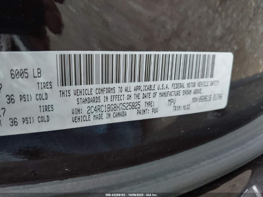 2017 Chrysler Pacifica Touring-L VIN: 2C4RC1BG8HR525825 Lot: 43386183