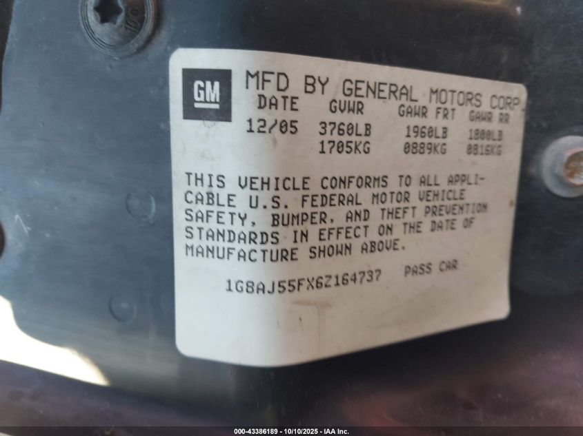 2006 Saturn Ion 2 VIN: 1G8AJ55FX6Z164737 Lot: 43386189
