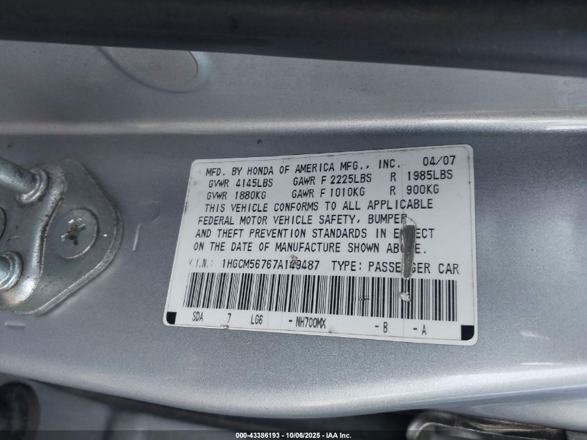 2007 Honda Accord 2.4 Ex VIN: 1HGCM56767A149487 Lot: 43386193