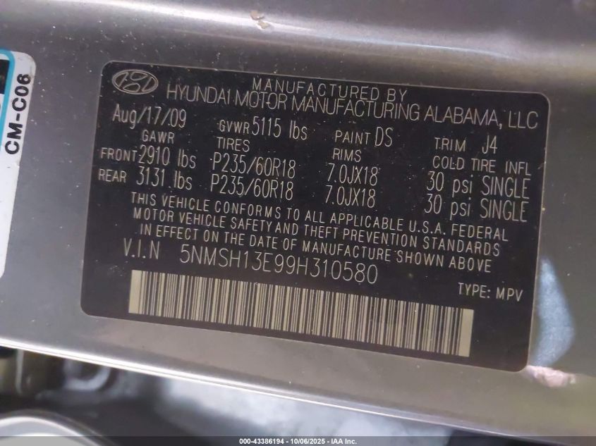 2009 Hyundai Santa Fe Se VIN: 5NMSH13E99H310580 Lot: 43386194