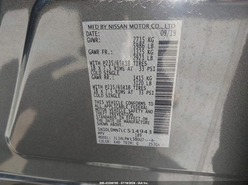 2020 Infiniti Qx60 Pure VIN: 5N1DL0MN7LC514943 Lot: 43386195