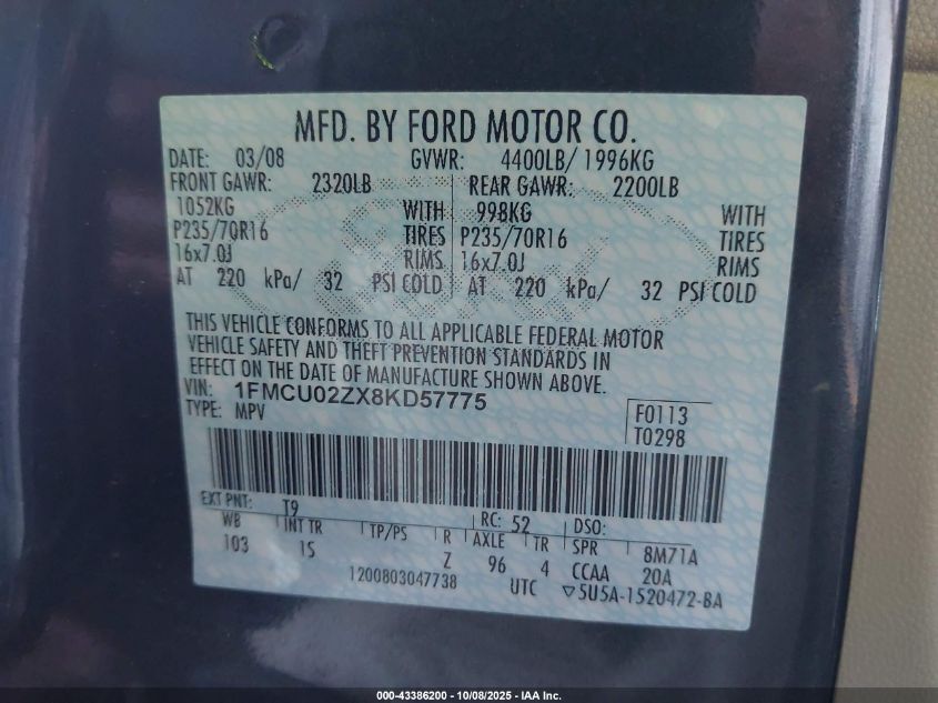 2008 Ford Escape Xls/Xls Manual VIN: 1FMCU02ZX8KD57775 Lot: 43386200