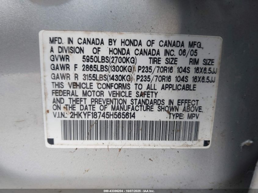 2005 Honda Pilot Ex-L VIN: 2HKYF18745H565614 Lot: 43386204