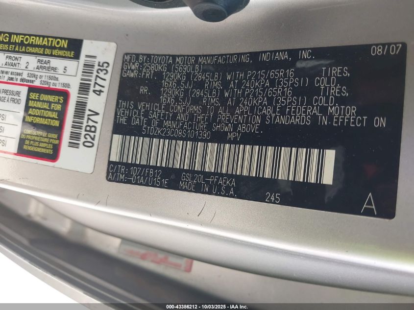 2008 Toyota Sienna Ce VIN: 5TDZK23C08S101390 Lot: 43386212