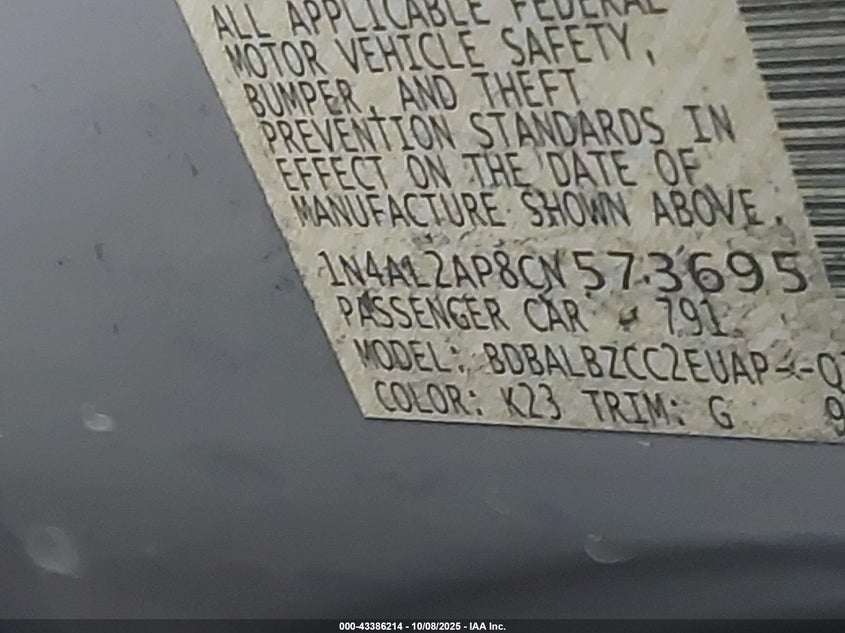 2012 Nissan Altima 2.5 S VIN: 1N4AL2AP8CN573695 Lot: 43386214