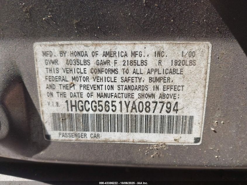 2000 Honda Accord 2.3 Ex VIN: 1HGCG5651YA087794 Lot: 43386222