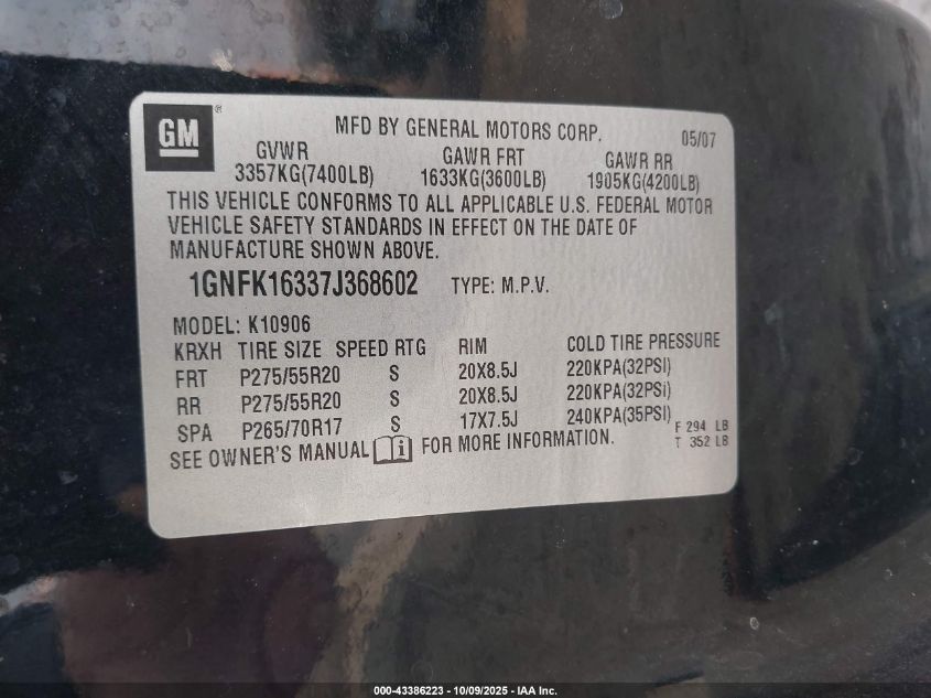 2007 Chevrolet Suburban 1500 Ltz VIN: 1GNFK16337J368602 Lot: 43386223