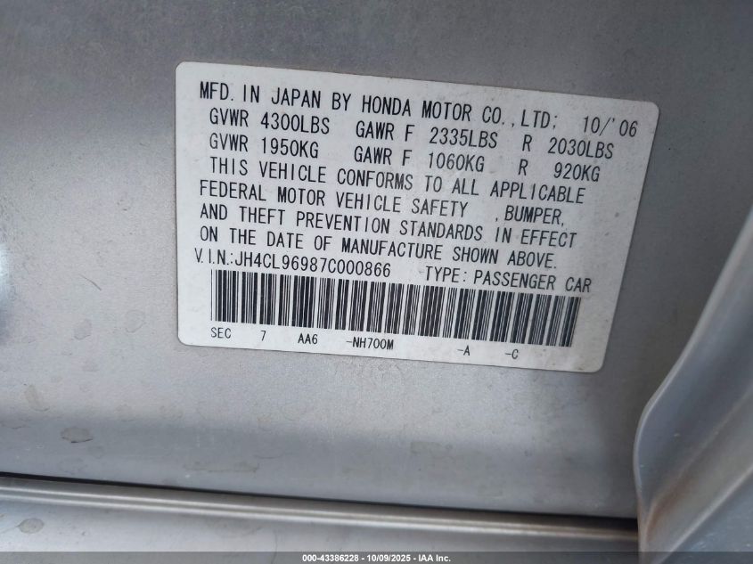 2007 Acura Tsx VIN: JH4CL96987C000866 Lot: 43386228
