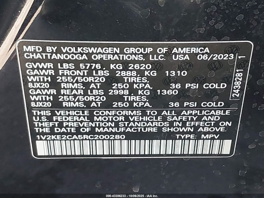 2024 Volkswagen Atlas Cross Sport 2.0T Se W/Technology VIN: 1V2KE2CA5RC200280 Lot: 43386233