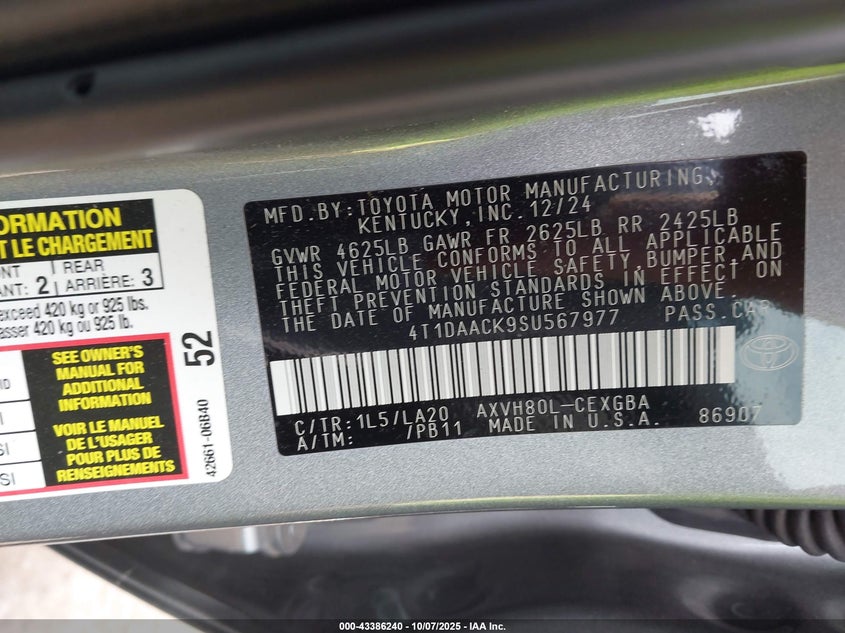VIN 4T1DAACK9SU567977 2025 TOYOTA CAMRY XLE
