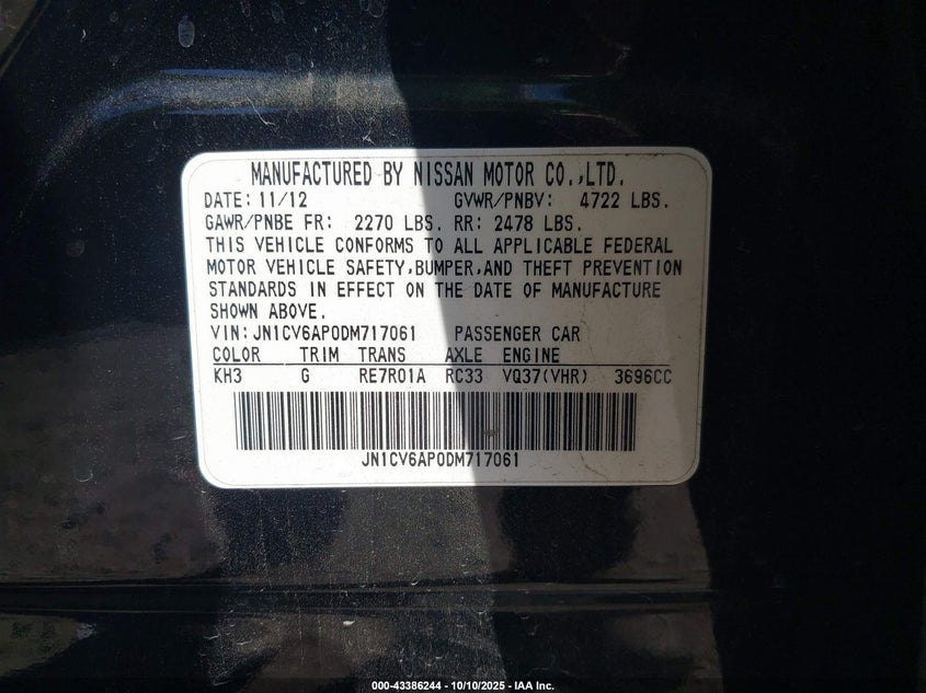 2013 Infiniti G37 Journey VIN: JN1CV6AP0DM717061 Lot: 43386244