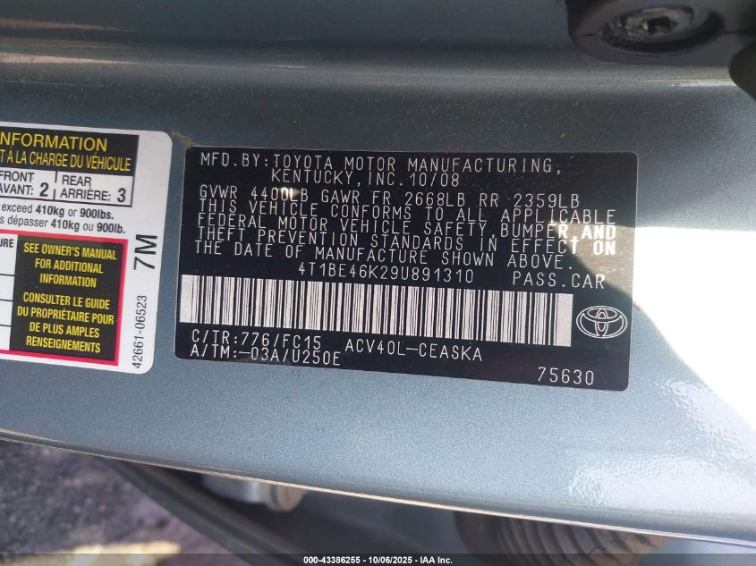 2009 Toyota Camry Se VIN: 4T1BE46K29U891310 Lot: 43386255