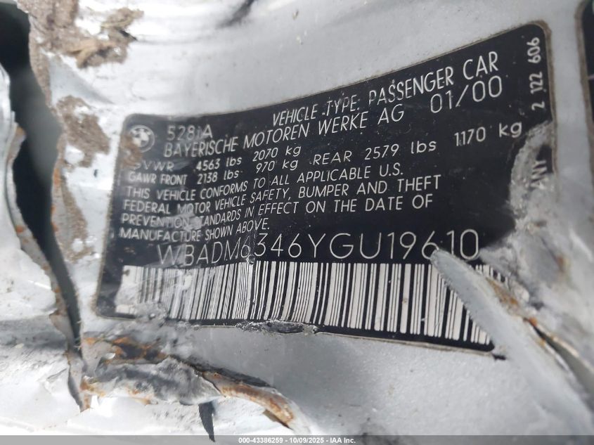2000 BMW 528 I Automatic VIN: WBADM6346YGU19610 Lot: 43386259