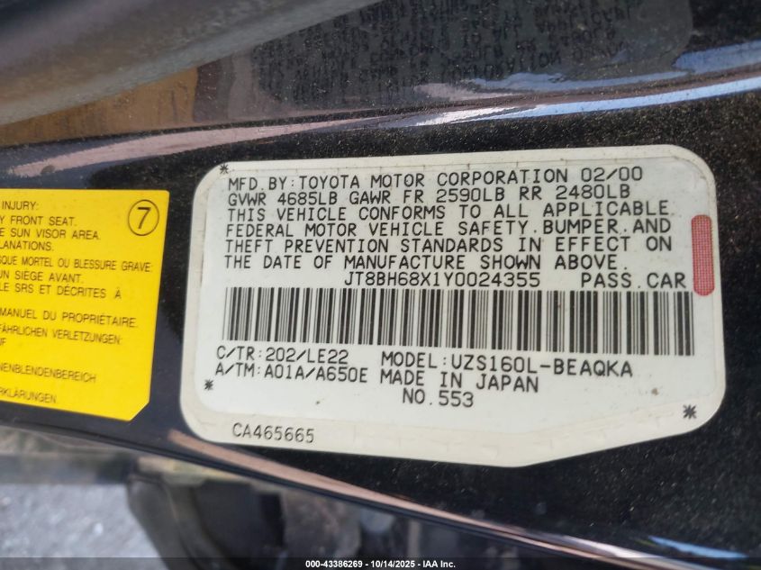 2000 Lexus Gs 400 VIN: JT8BH68X1Y0024355 Lot: 43386269