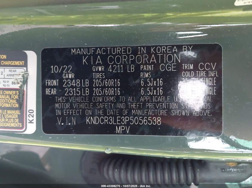 2023 Kia Niro Ex VIN: KNDCR3LE3P5056538 Lot: 43386270