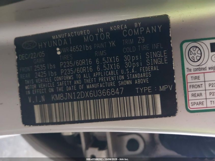 2006 Hyundai Tucson Gls/Limited VIN: KM8JN12DX6U366847 Lot: 43386282