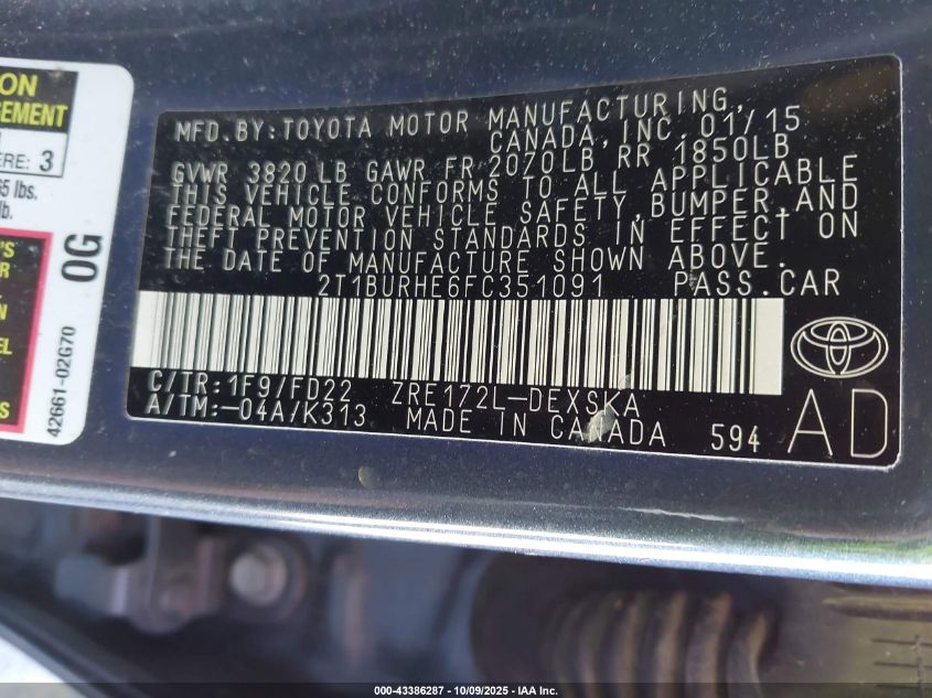 2015 Toyota Corolla S VIN: 2T1BURHE6FC351091 Lot: 43386287